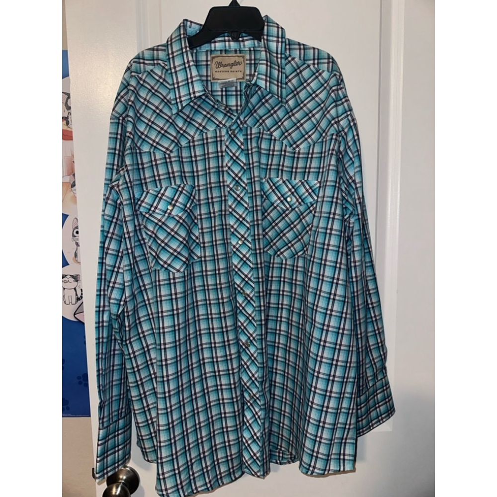 Men's Wrangler Plaid Western Shirt 2XL Blue